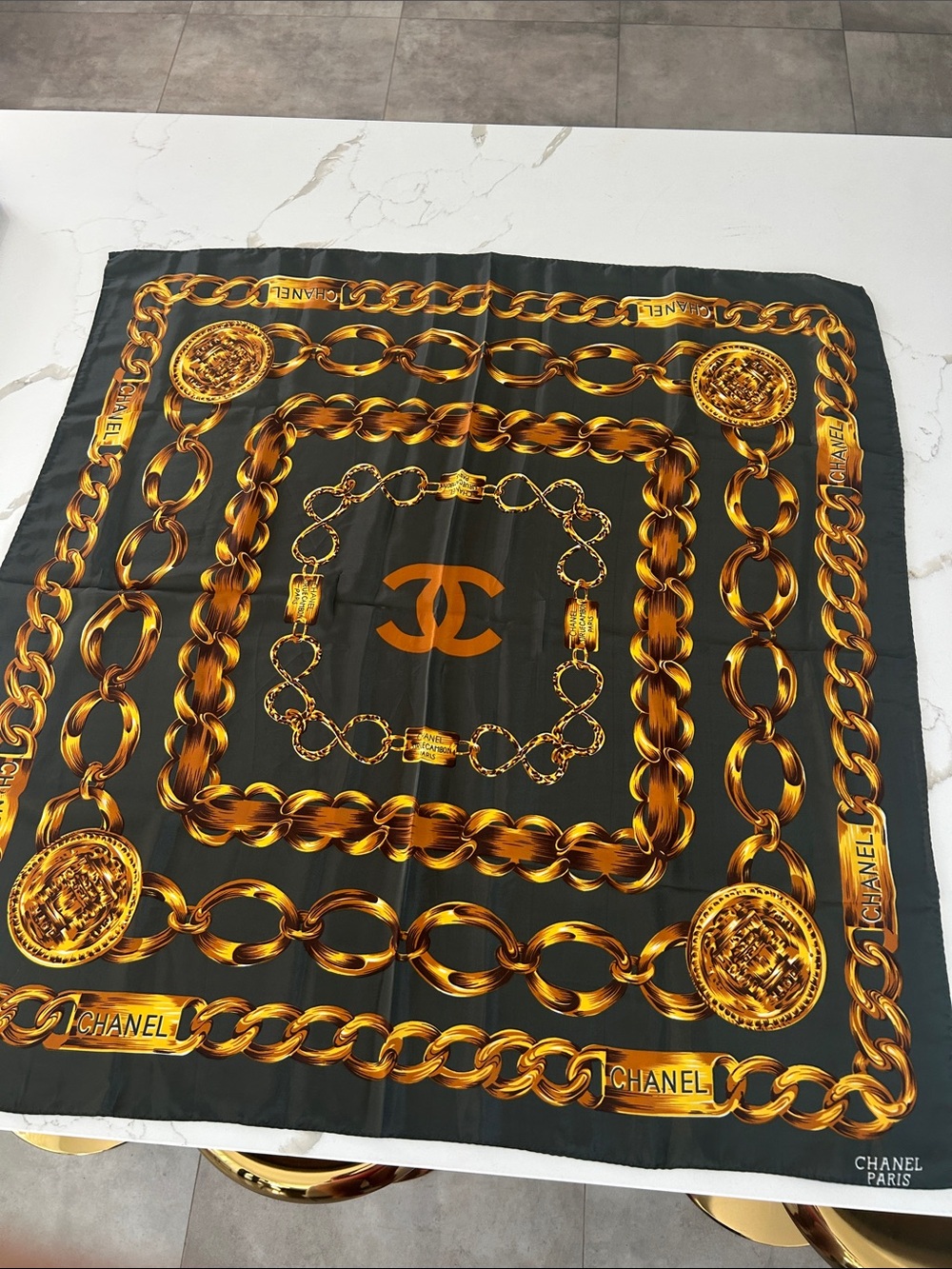 Chanel Silk Scarf  - Classic Chain Pattern in Dark Green and Gold